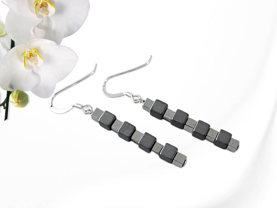 Matte Hematite & Silver Hematite Cubes Sterling Silver Earrings - Gift For Her