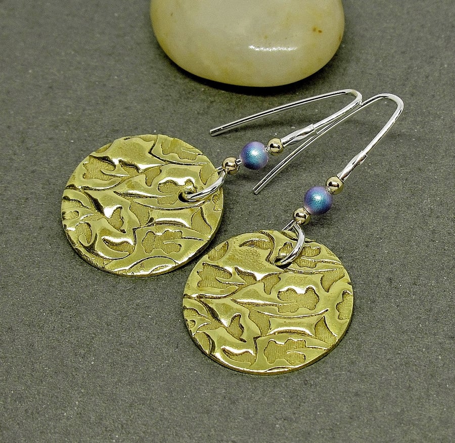 Textured Brass Disc Earrings on Sterling Silver Earwires