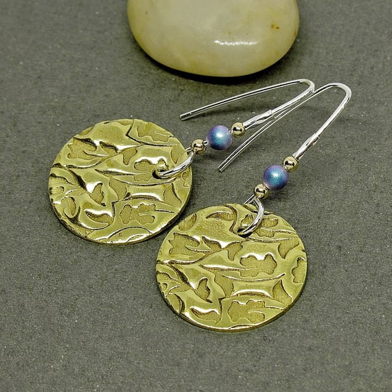 Textured Brass Disc Earrings on Sterling Silver Earwires