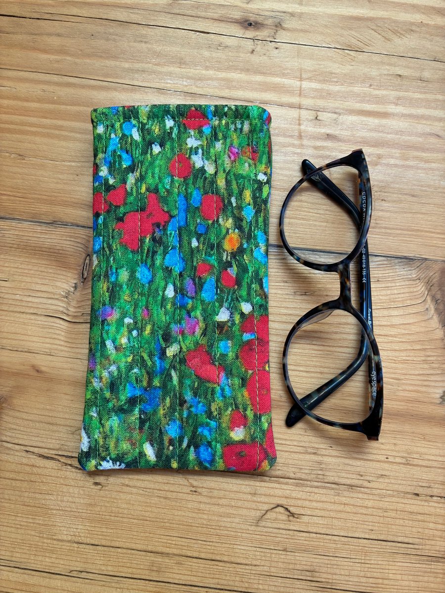 Klimt Field Of Poppies Design Quilted Fabric Glasses Case