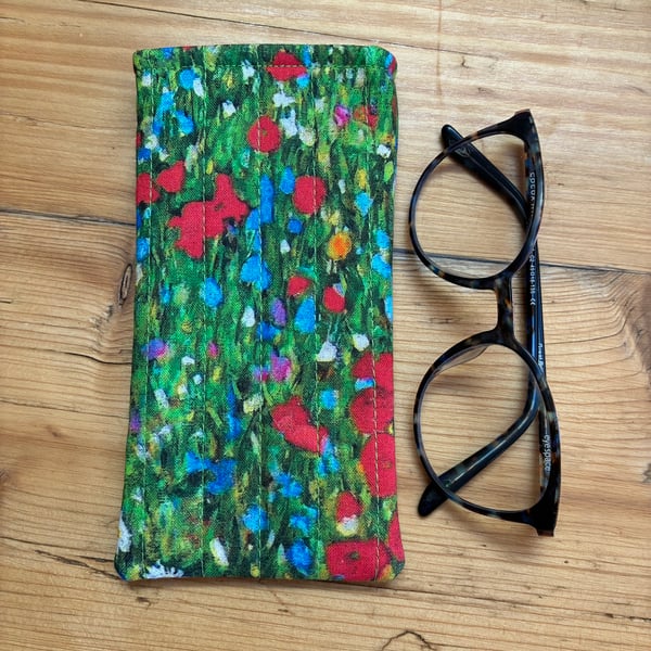Klimt Field Of Poppies Design Quilted Fabric Glasses Case