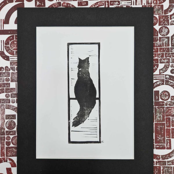 Black cat lino print. 8x6 inches. Mounted.