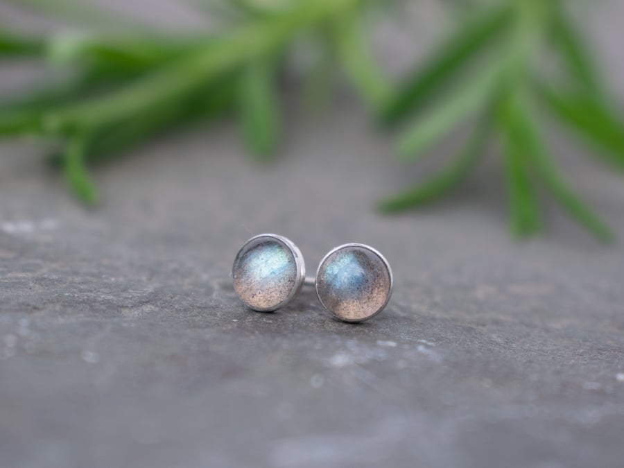 Labradorite Stud Earrings - Sterling Silver Gemstone Studs