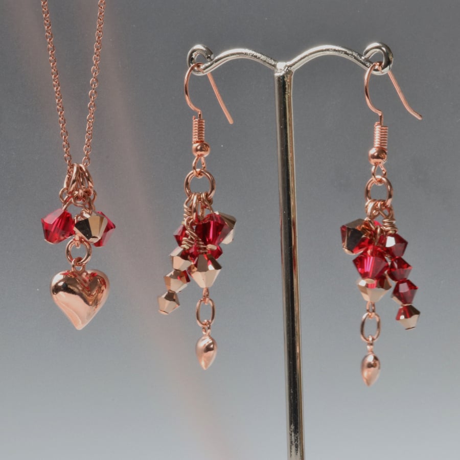 Puffy Heart Rose Gold and Swarovski Plated Pendant with Matching Earrings