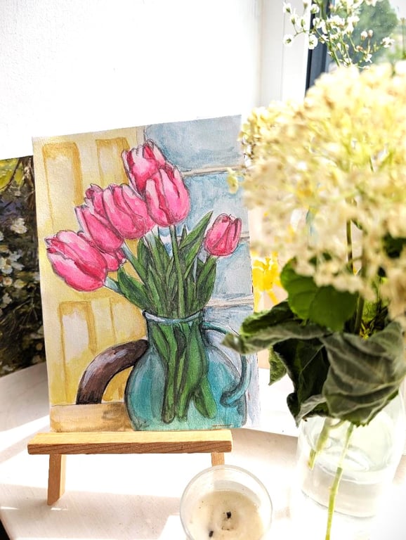 Original Pink Tulip Watercolour Painting, A5 Floral still life with mount