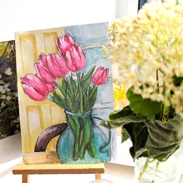 Original Pink Tulip Watercolour Painting, A5 Floral still life with mount