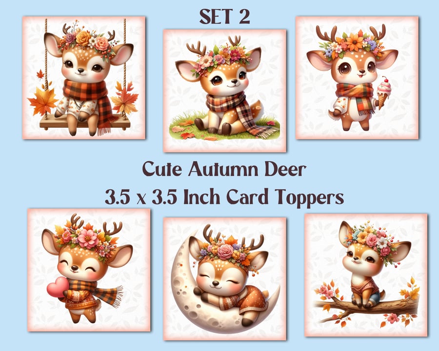 Cute Autumn Deer Square Card Toppers for Card Making, Tags. Journals, Scrapbooks