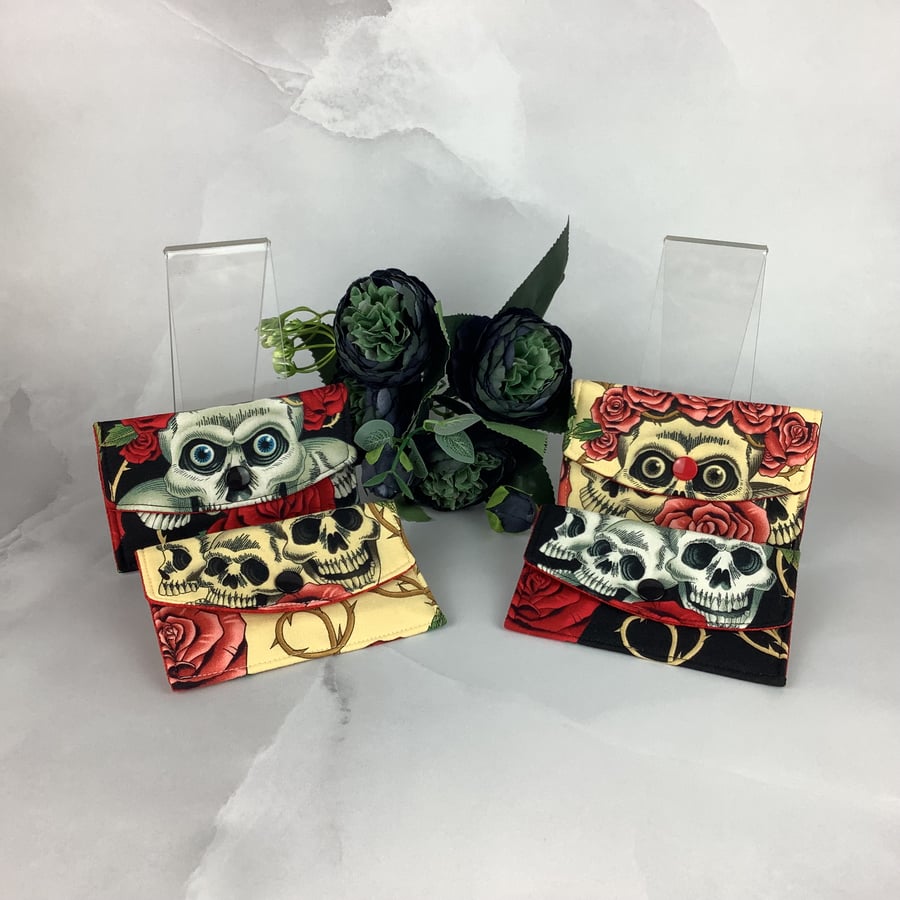 Handmade skulls and roses card case, gothic travel pass holder, 4 options