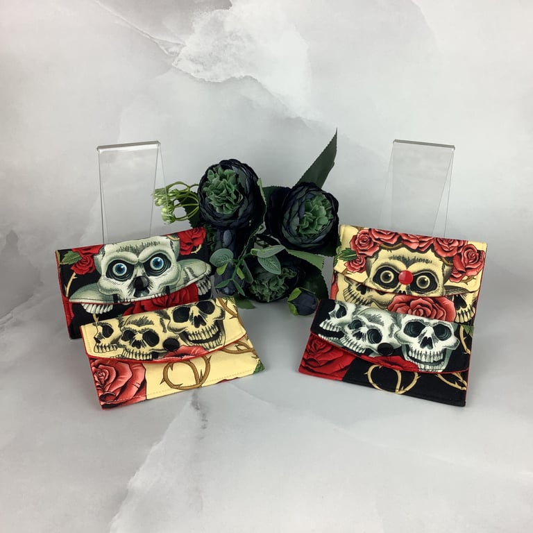 Handmade skulls and roses card case, gothic travel pass holder, 4 options