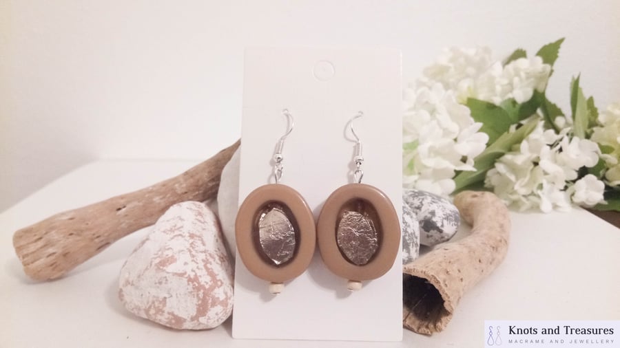 Beige Resin with Foil and Small Wooden Bead Pendant Earrings