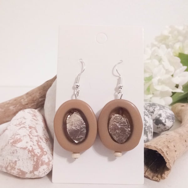 Beige Resin with Foil and Small Wooden Bead Pendant Earrings