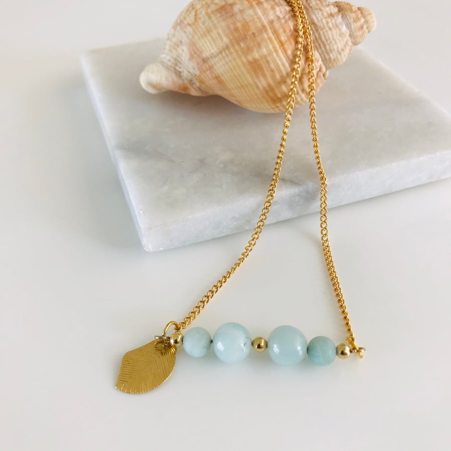 Amazonite gemstone sea foam blue and gold bar necklace,  gift for her 