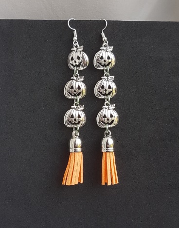 Pumpkin Spice Triple Pumpkin Charm Earrings - Light Orange Tassels