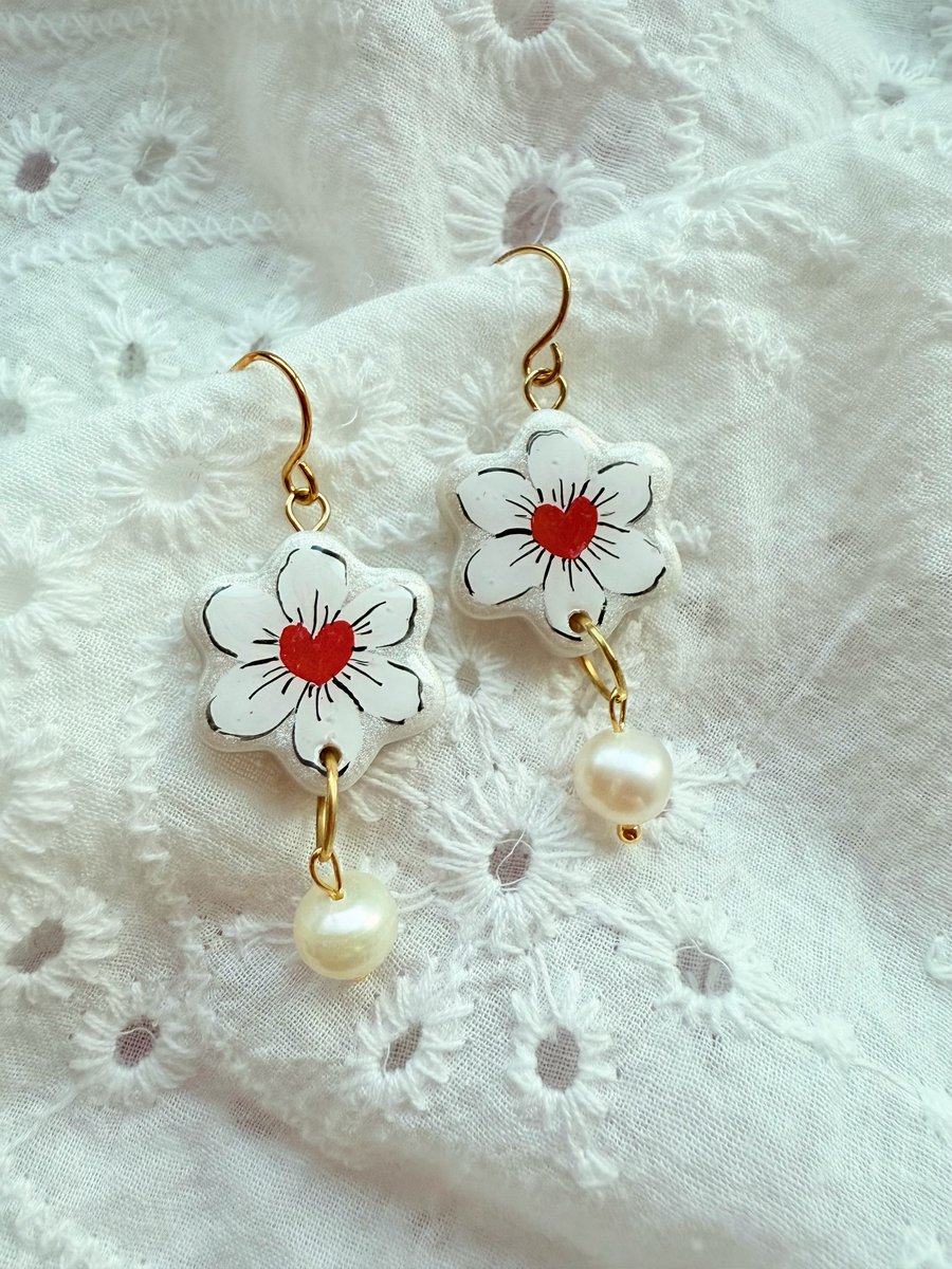 White Flower Heart Dangle Earrings, Valentines Day, Hand Painted - FREE SHIPPING