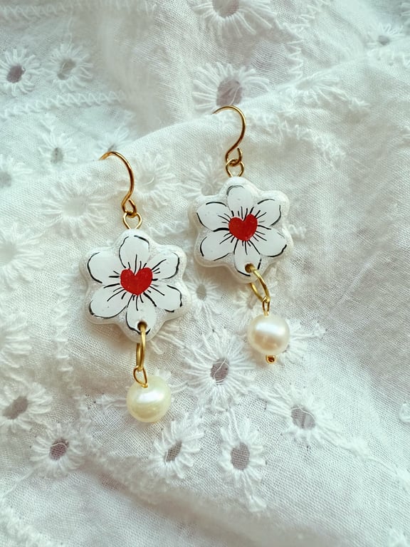 White Flower Heart Dangle Earrings, Valentines Day, Hand Painted - FREE SHIPPING