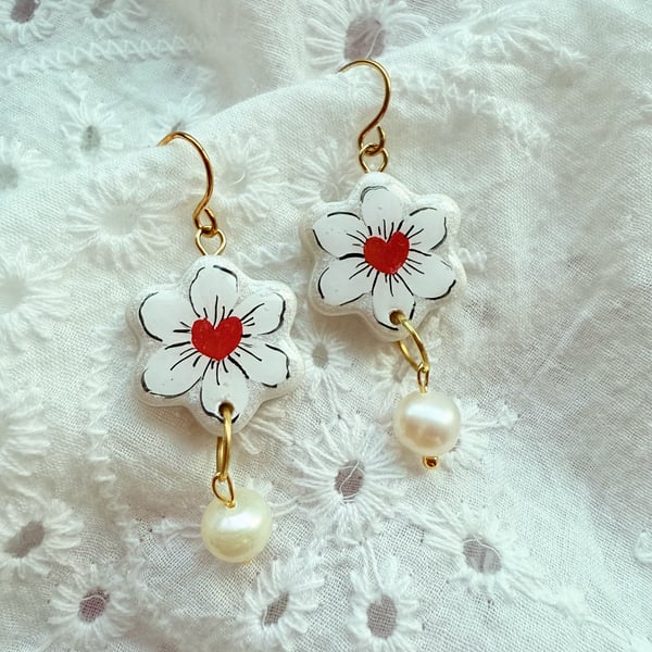 White Flower Heart Dangle Earrings, Valentines Day, Hand Painted - FREE SHIPPING