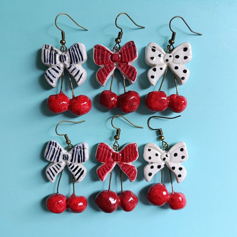 Handmade nostalgic cherry bow earrings 