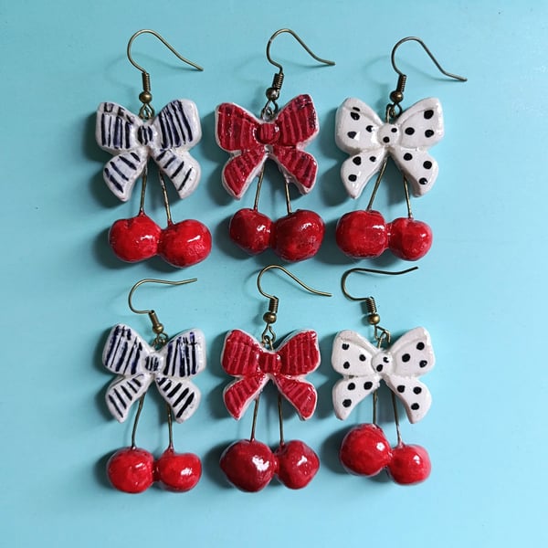 Handmade nostalgic cherry bow earrings 