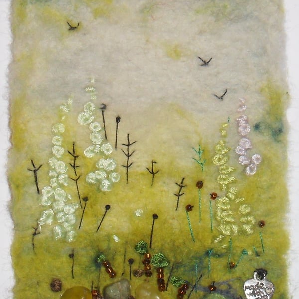 WILD FLOWER MEADOW, handmade, original, needle felted wool landscape painting 