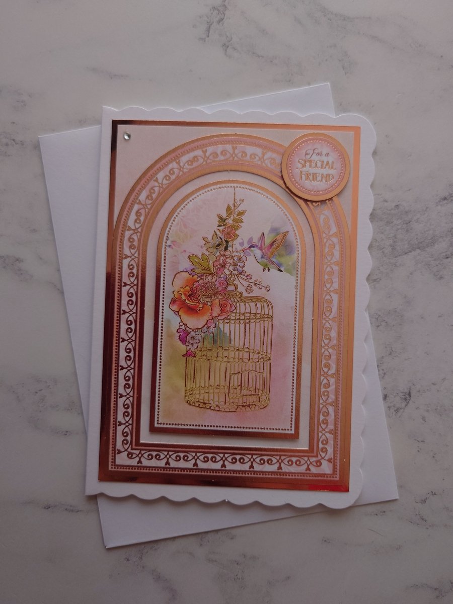For A Special Friend Rose Gold Birdcage Hummingbird 3D Luxury Handmade Card