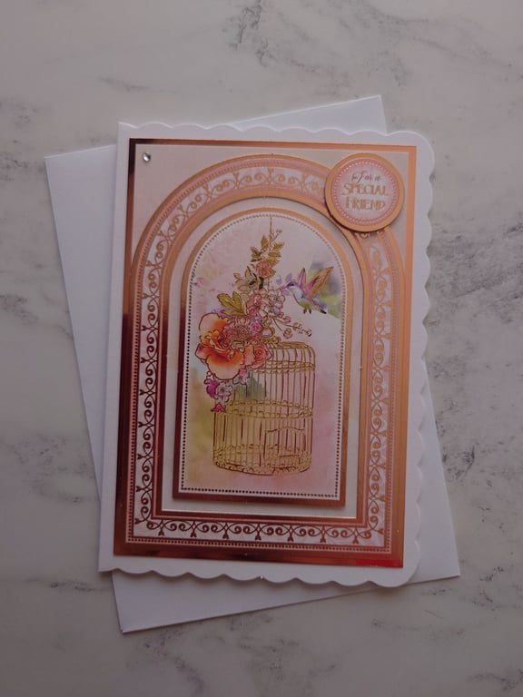 For A Special Friend Rose Gold Birdcage Hummingbird 3D Luxury Handmade Card