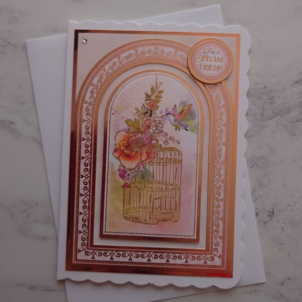 For A Special Friend Rose Gold Birdcage Hummingbird 3D Luxury Handmade Card