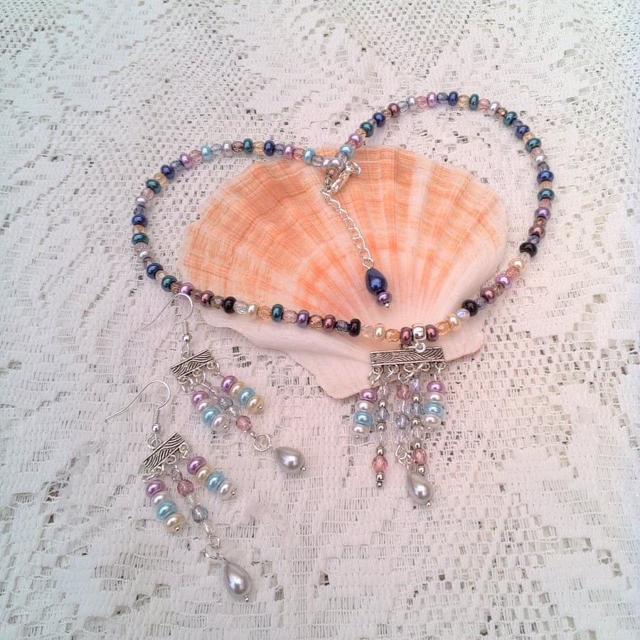 Pearl and Crystal Necklace with Chandelier Pendant and Earrings, Gift for Her