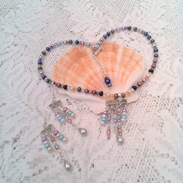 Pearl and Crystal Necklace with Chandelier Pendant and Earrings, Gift for Her