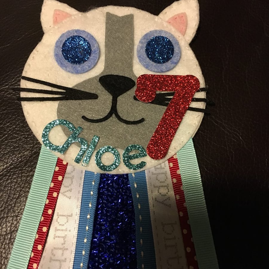 Birthday badge-Rosette - cat design - personalised