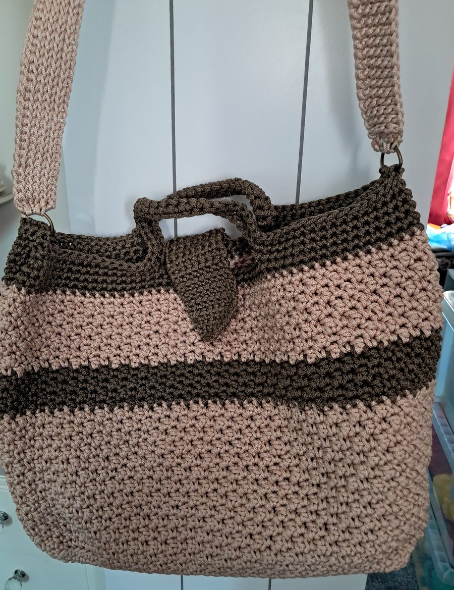 Beige & brown Handmade Crocheted Tote Bag