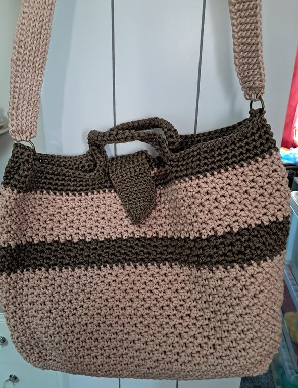 Beige & brown Handmade Crocheted Tote Bag