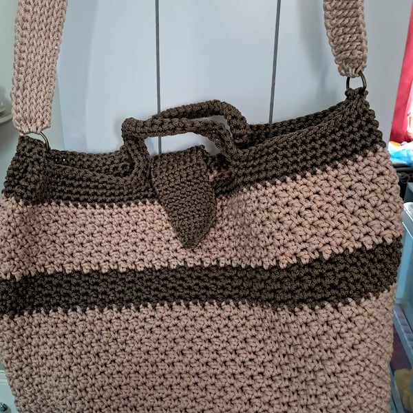 Beige & brown Handmade Crocheted Tote Bag