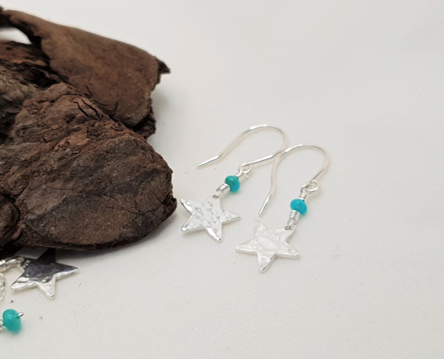 Sterling Silver Star Earrings with Real Turquoise Beads, Turquoise Birthstone