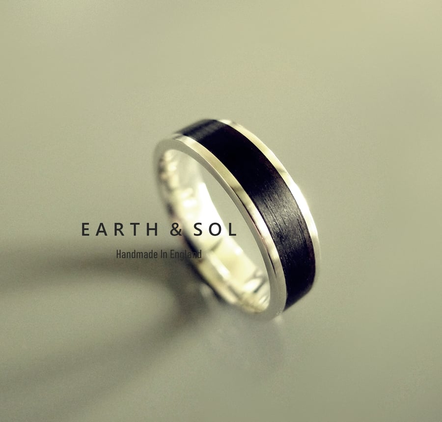Wood Ring. Ebony Wood With Sterling Silver. Wedding Ring Men's Ring