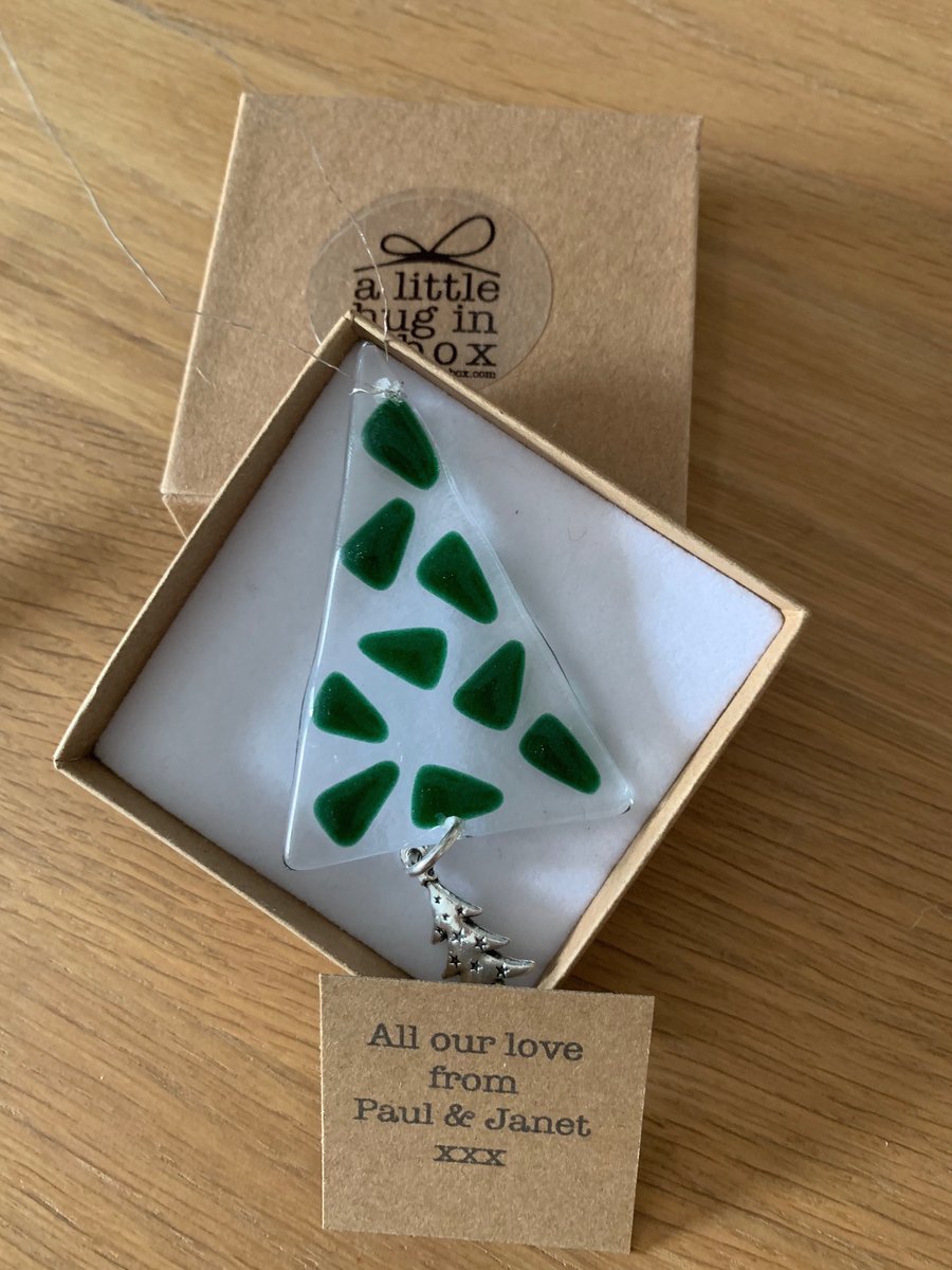 A little hug in a box fused glass  Christmas tree gift