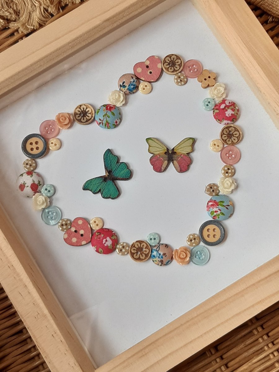 Folk art button heart box frame butterflies
