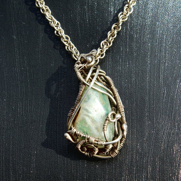 Silver Necklace - Agate Pendant -Handmade Woven Silver Necklace and Chain