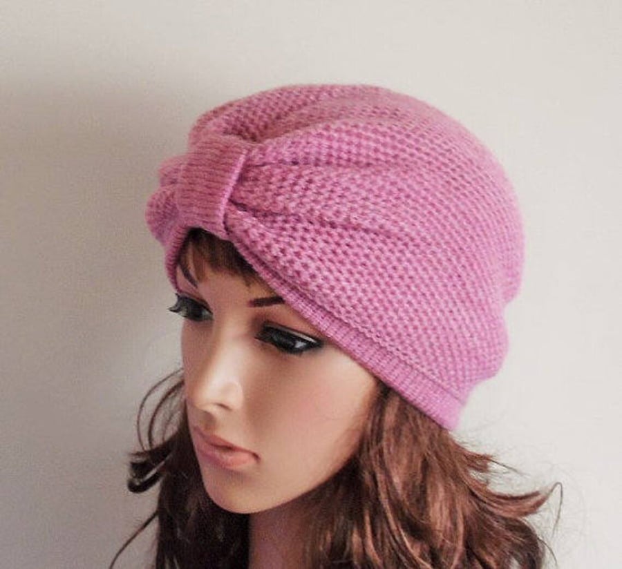 Handmade pale rose turban for women, vegan turban, front knotted hat
