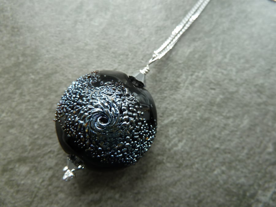 sterling silver chain, black lampwork glass pendant