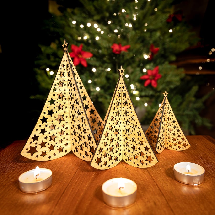 Star Christmas Tree Table Ornaments. Three hand finished laser cut decorations.