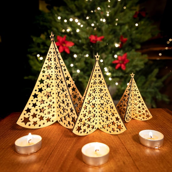 Star Christmas Tree Table Ornaments. Three hand finished laser cut decorations.