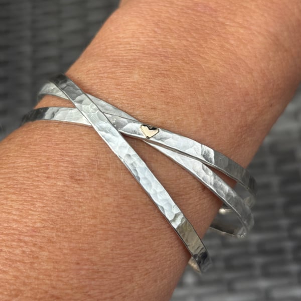 Silver Russian Wedding Bangle, hammered Russian wedding bangle, gold heart 