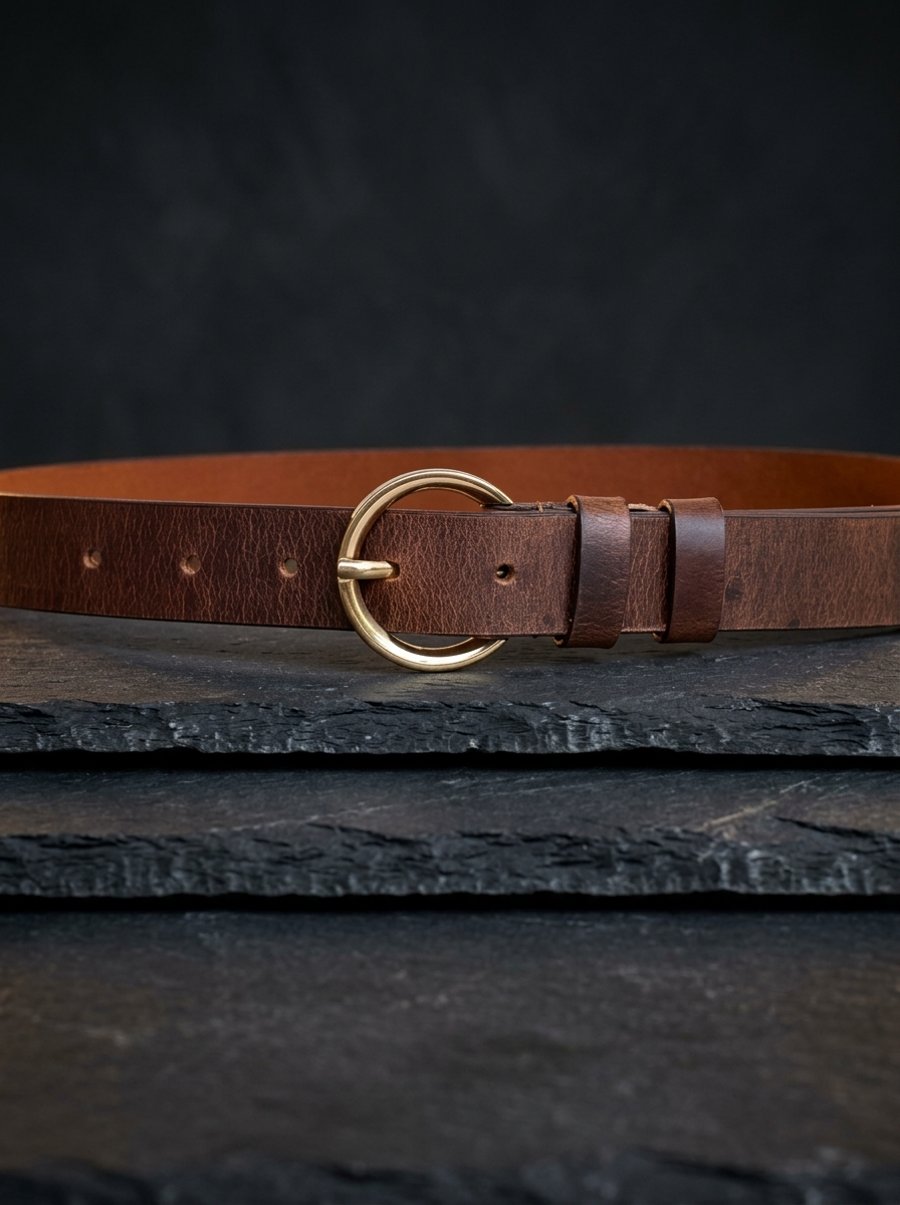 Vintage Brown Full Grain Leather Belt Gold-Tone Round Buckle Womens Belt 25mm