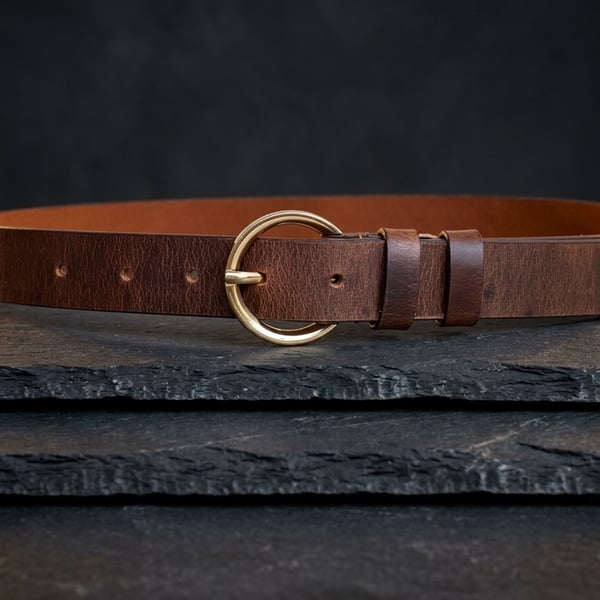 Vintage Brown Full Grain Leather Belt Gold-Tone Round Buckle Womens Belt 25mm