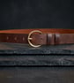 Vintage Brown Full Grain Leather Belt Gold-Tone Round Buckle Womens Belt 25mm