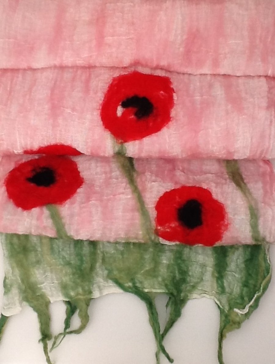Nuno felted scarf, poppies