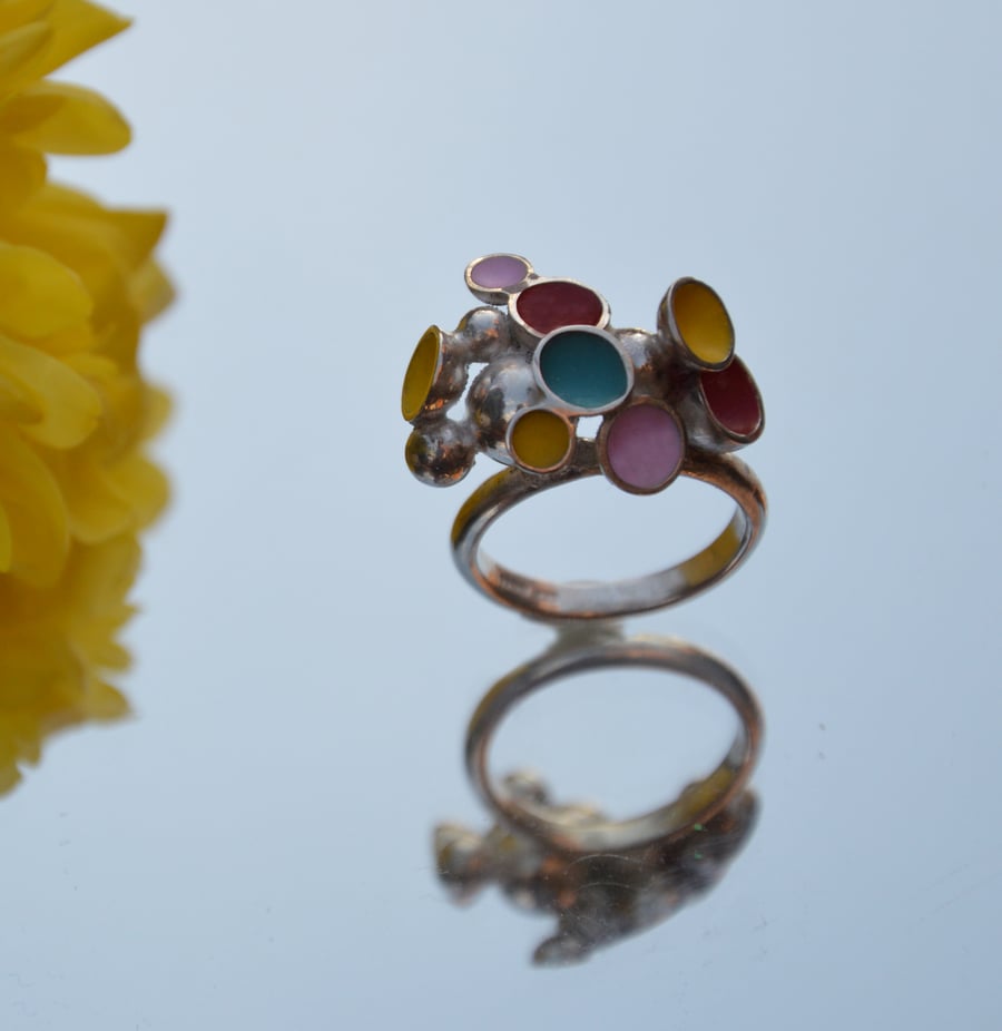 Sterling silver colourful enamel ring with red, yellow, turquoise and candy pink