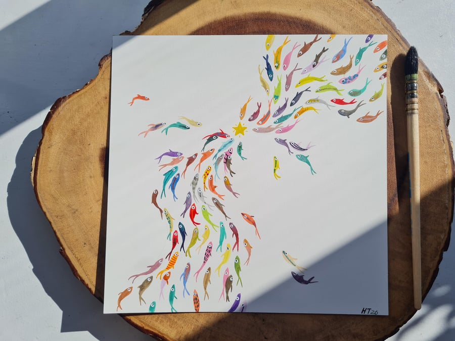 Original Watercolour hand painted vibrant, colourful fish art