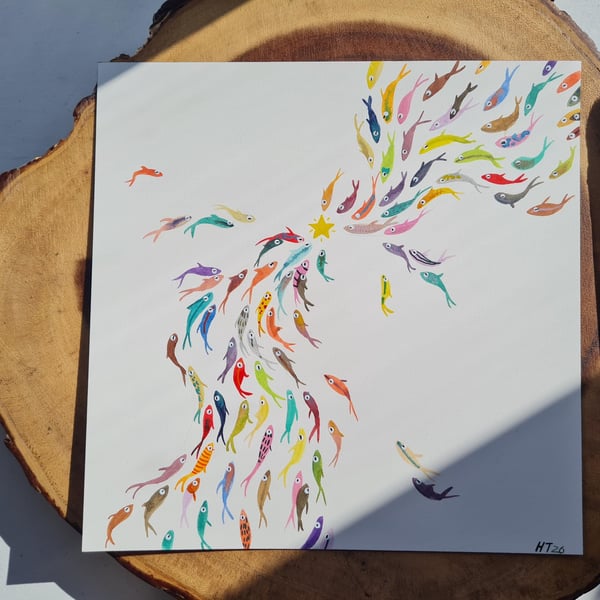 Original Watercolour hand painted vibrant, colourful fish art