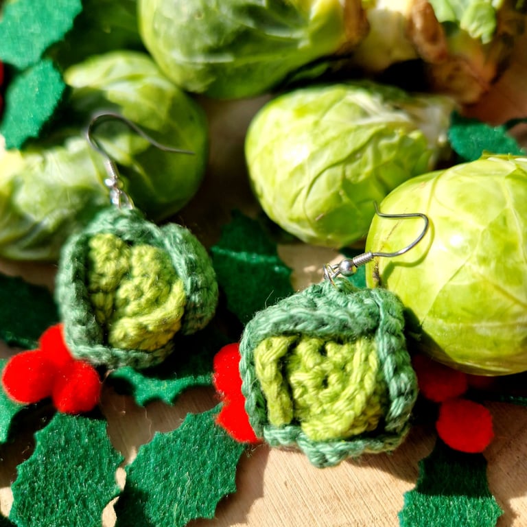 Christmas sprout Earrings, Vegetable themed jewellery, Fun green dangle earrings